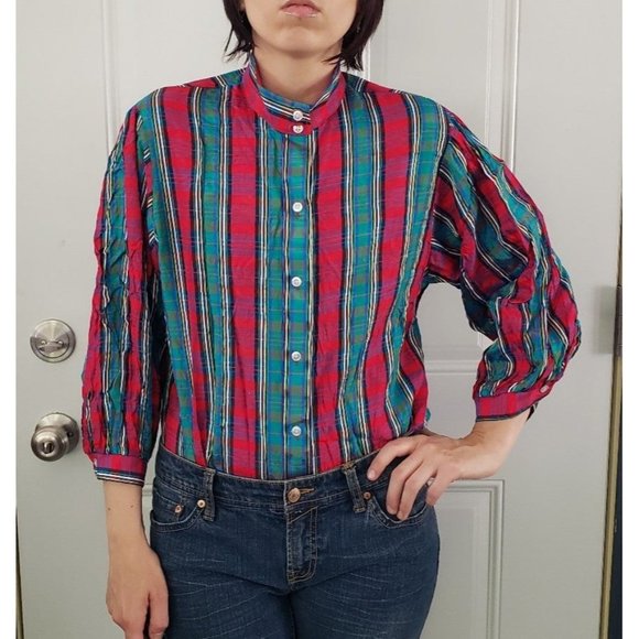 70s/80s‎ Neon Plaid Button Down Blouse - Picture 1 of 4